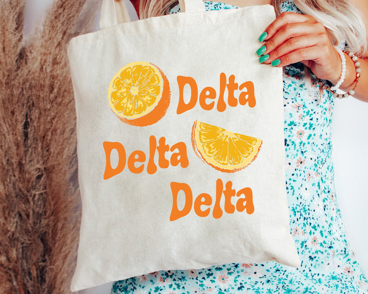 Delta Delta Delta Oranges Sorority Tote Bag | Tri Delta Canvas Tote Bag | Sorority Merch | Big Little Gifts | College Beach Bag _ 16234g
