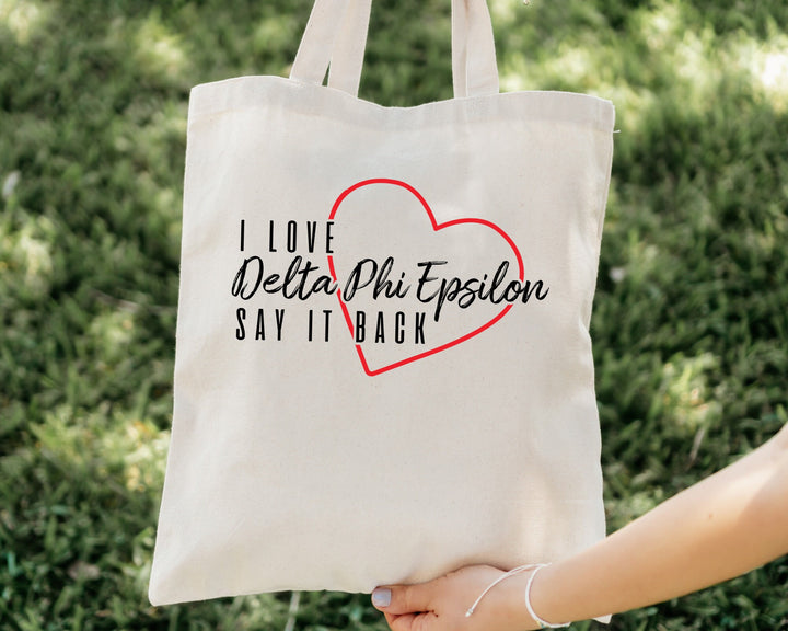 Delta Phi Epsilon Say It Back Sorority Tote Bag | DPHIE Beach Bag | Sorority Merch | Big Little Sorority Bag | Canvas Tote Bag _ 15013g
