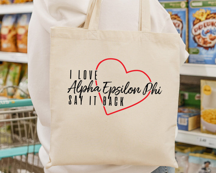 Alpha Epsilon Phi Say It Back Sorority Tote Bag | AEPhi Beach Bag | Sorority Merch | Big Little Sorority Bag | Canvas Tote Bag _ 15003g