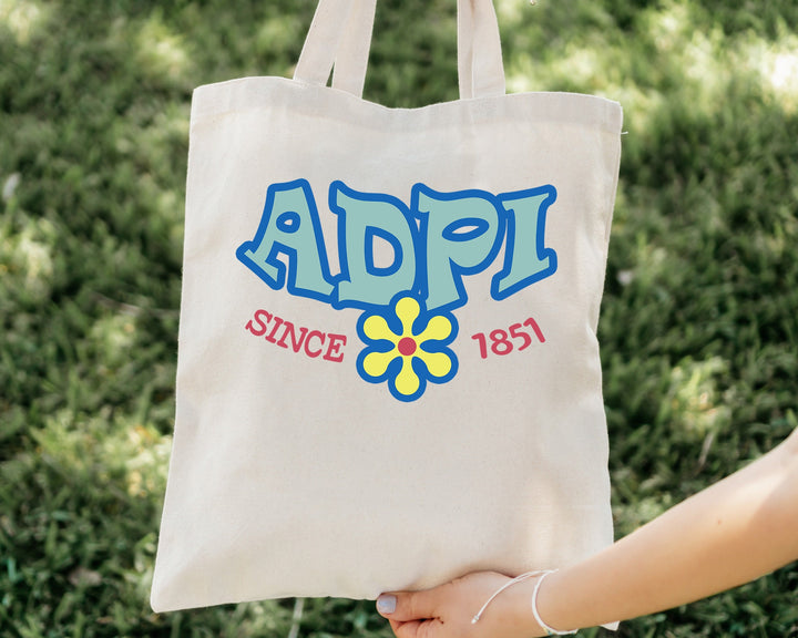 Alpha Delta Pi Outlined In Blue Sorority Tote Bag | ADPI Beach Bag | ADPI College Sorority Laptop Bag | Canvas Tote Bag _ 15340g