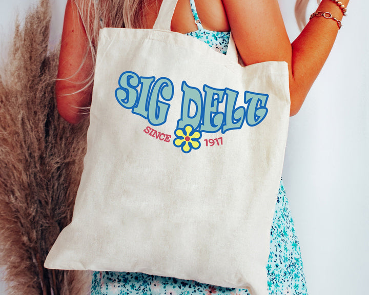 Sigma Delta Tau Outlined In Blue Sorority Tote Bag | Sig Delt Beach Bag | Sig Delt College Sorority Laptop Bag | Canvas Tote Bag _ 15360g