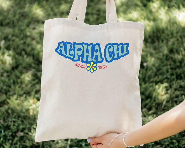 Alpha Chi Omega Outlined In Blue Sorority Tote Bag | Alpha Chi Beach Bag | AXO College Sorority Laptop Bag | Canvas Tote Bag _ 15339g