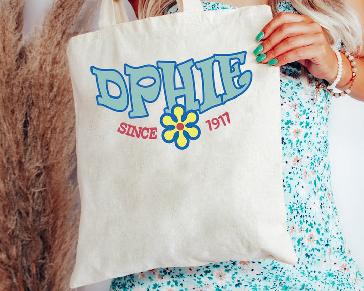 Delta Phi Epsilon Outlined In Blue Sorority Tote Bag | DPHIE Beach Bag | DPHIE College Sorority Laptop Bag | Canvas Tote Bag _ 15351g