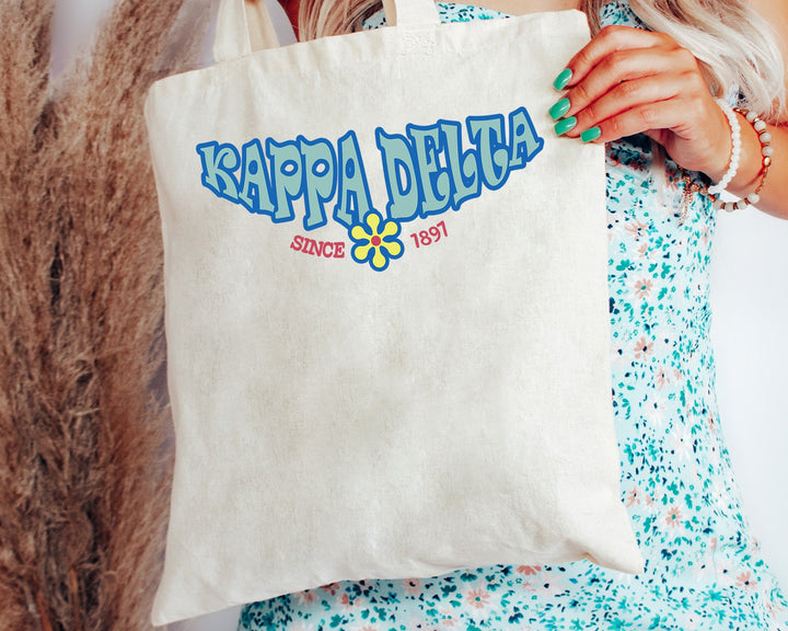 Kappa Delta Outlined In Blue Sorority Tote Bag | Kay Dee Beach Bag | Kappa Delta College Sorority Laptop Bag | Canvas Tote Bag _ 15355g