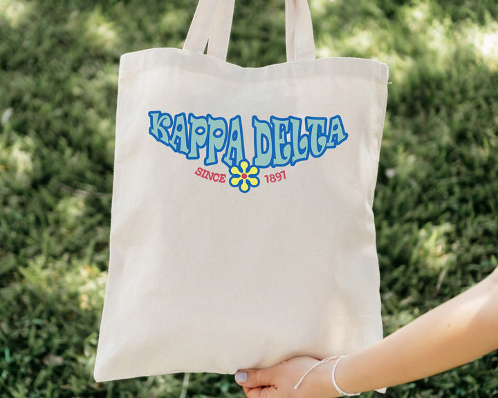 Kappa Delta Outlined In Blue Sorority Tote Bag | Kay Dee Beach Bag | Kappa Delta College Sorority Laptop Bag | Canvas Tote Bag _ 15355g