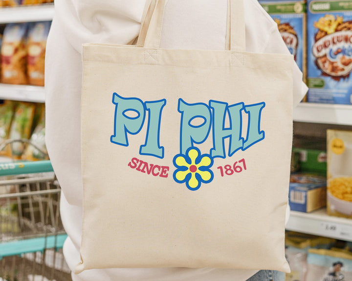 Pi Beta Phi Outlined In Blue Sorority Tote Bag | Pi Phi Beach Bag | College Sorority Laptop Bag | Canvas Tote Bag | Big Little Gift _ 15359g