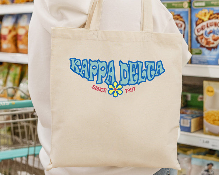 Kappa Delta Outlined In Blue Sorority Tote Bag | Kay Dee Beach Bag | Kappa Delta College Sorority Laptop Bag | Canvas Tote Bag _ 15355g