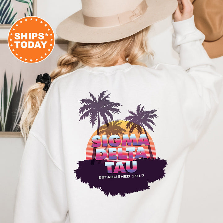 Sigma Delta Tau Palmscape Sorority Sweatshirt | Sig Delt Beach Hoodies | Sorority Apparel | Big Little Reveal | Greek Sweatshirt _  14195g