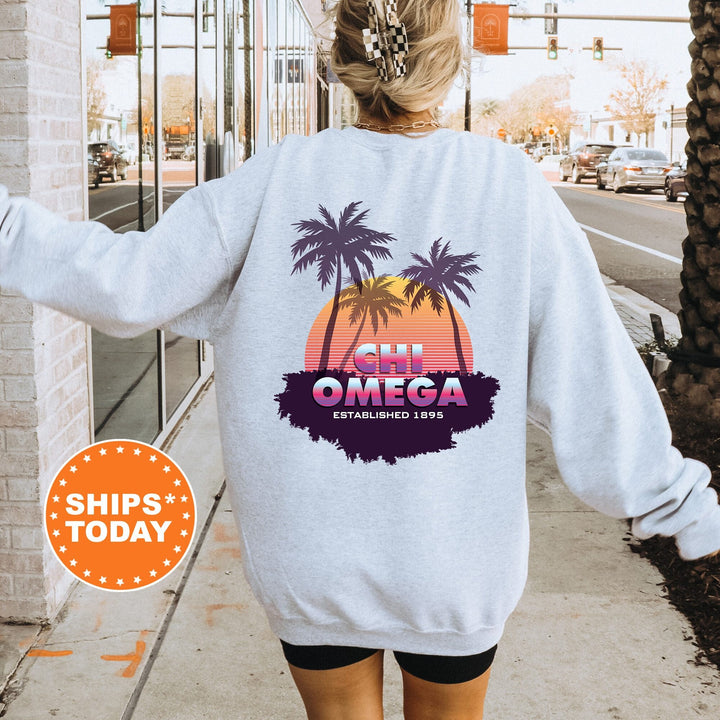 Chi Omega Palmscape Sorority Sweatshirt | Chi O Beach Hoodies | Sorority Apparel | Big Little Reveal Gift | Greek Sweatshirt _  14183g