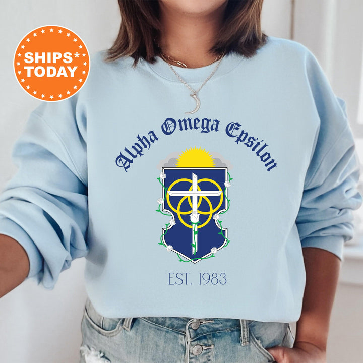Alpha Omega Epsilon Royal Crest Sorority Sweatshirt | Alpha Omega Epsilon Sweatshirt | Sorority Crewneck | Greek Life Apparel