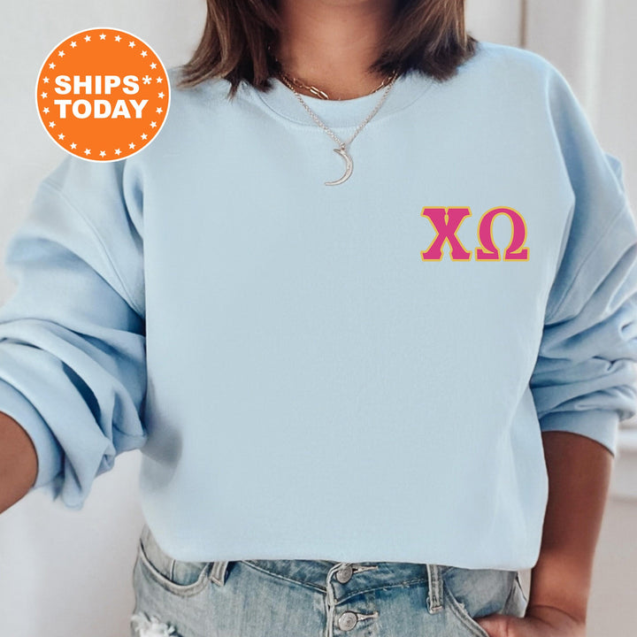 Chi Omega Red Letters Left Chest Graphic Sorority Sweatshirt | Chi O Greek Sweatshirt | Chi Omega Greek Letters | Sorority Letters _ 17524g