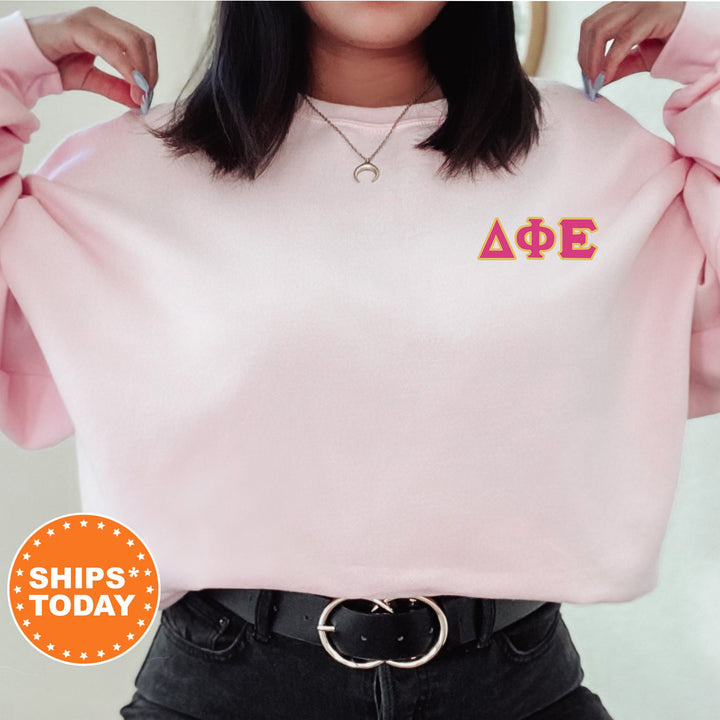 Delta Phi Epsilon Red Letters Left Chest Graphic Sorority Sweatshirt | DPHIE Greek Sweatshirt | Greek Letters | Sorority Letters _ 17527g