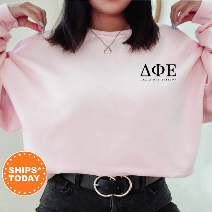 Delta Phi Epsilon Black Letters Left Chest Print Sorority Sweatshirt | DPHIE Crewneck Sweatshirt | Sorority Letters | Greek Letters