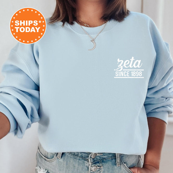 Zeta Tau Alpha Fancy Year Sorority Sweatshirt | ZETA Sorority Crewneck | Left Pocket Print Sweatshirt | College Greek Apparel _ 17437g