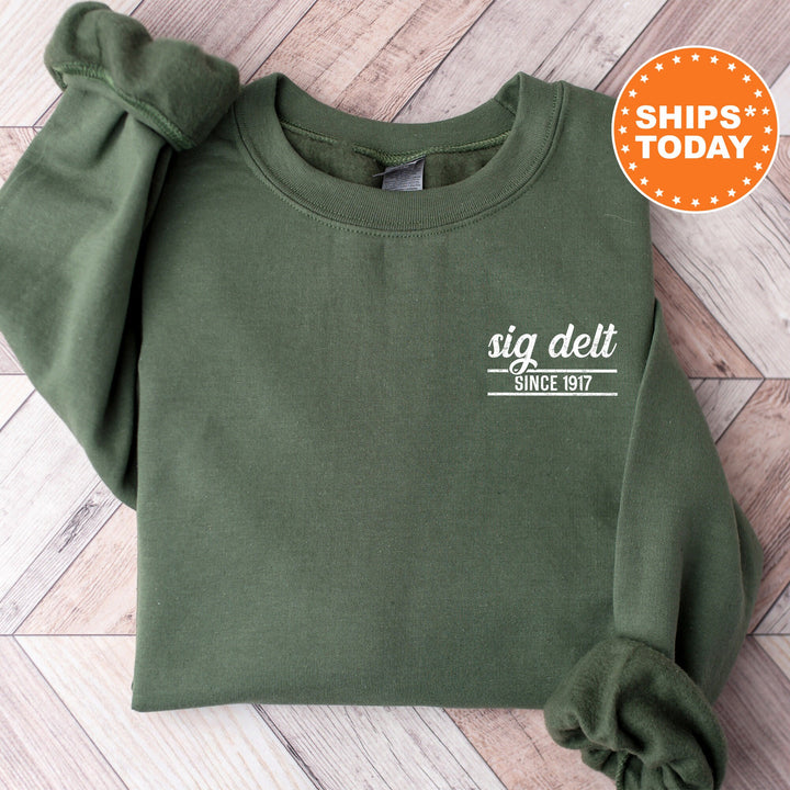 Sigma Delta Tau Fancy Year Sorority Sweatshirt | Sig Delt Sorority Crewneck | Left Pocket Print Sweatshirt | College Greek Apparel _ 17433g