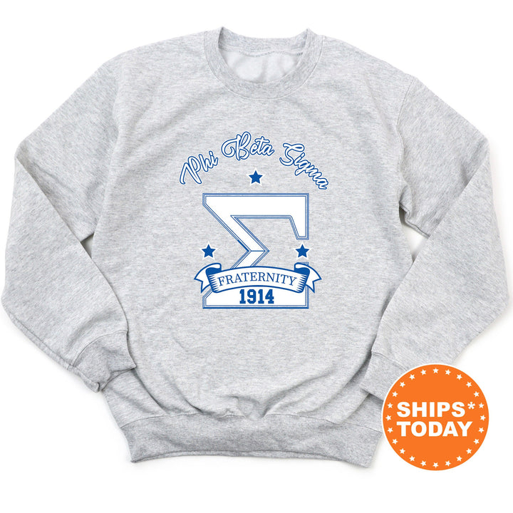 a gray sweatshirt with a blue and white logo
