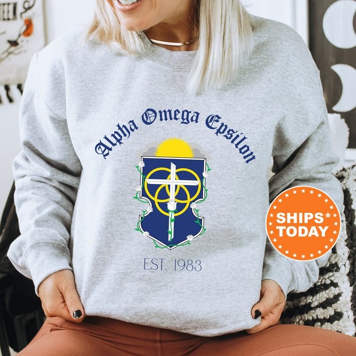 Alpha Omega Epsilon Royal Crest Sorority Sweatshirt | Alpha Omega Epsilon Sweatshirt | Sorority Crewneck | Greek Life Apparel