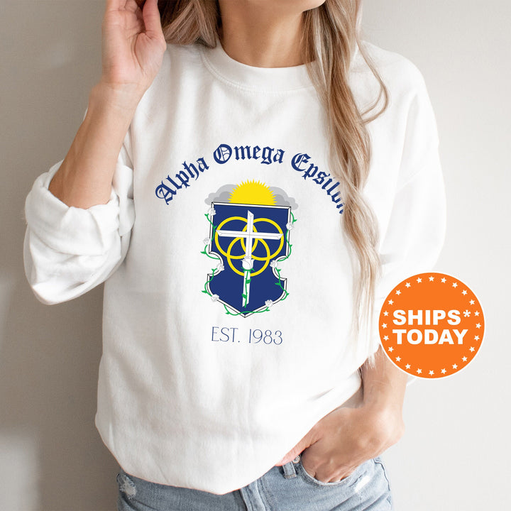 Alpha Omega Epsilon Royal Crest Sorority Sweatshirt | Alpha Omega Epsilon Sweatshirt | Sorority Crewneck | Greek Life Apparel