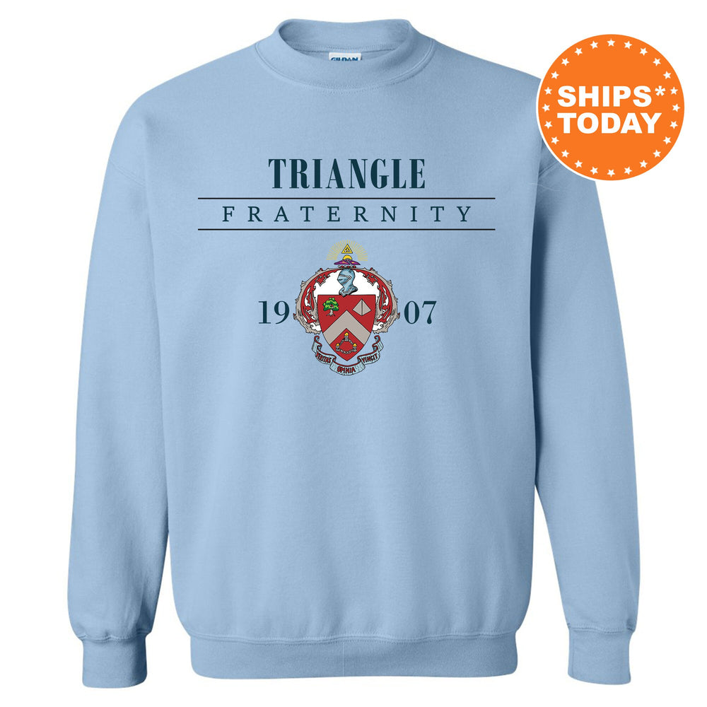 a light blue sweatshirt with the triangle fraternity on it