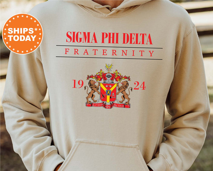 a person wearing a hoodie with a coat of arms on it