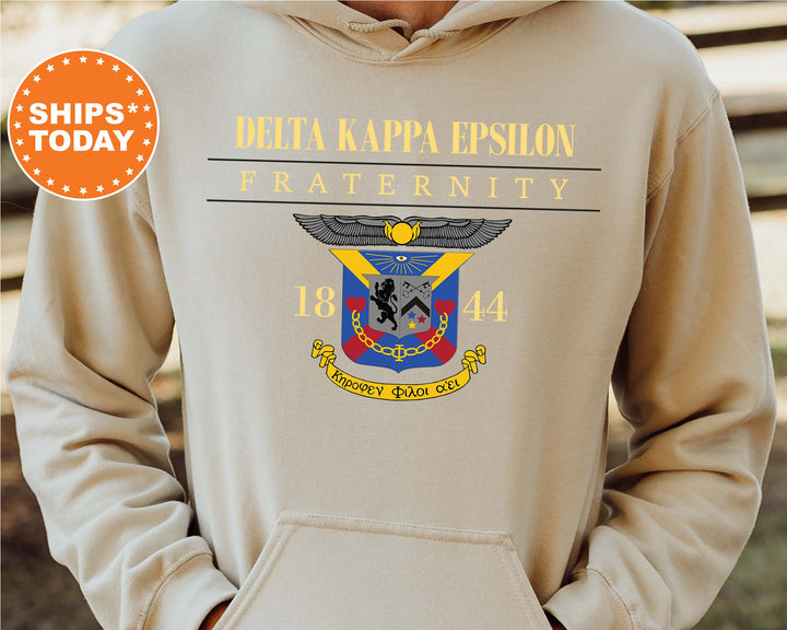 a person wearing a hoodie with a picture of a coat of arms on it