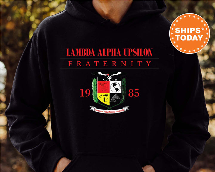 a person wearing a black hoodie with a flag and name on it