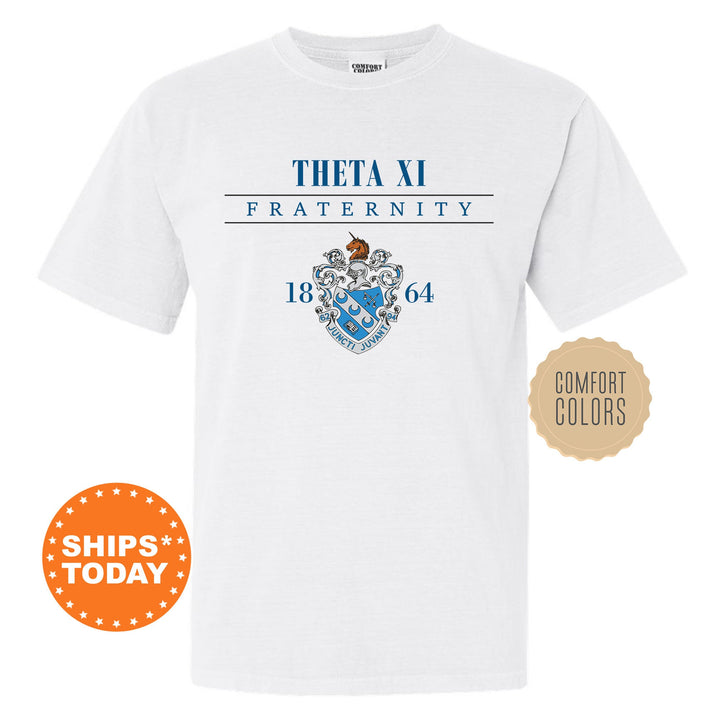 a white t - shirt with a blue and white crest on it