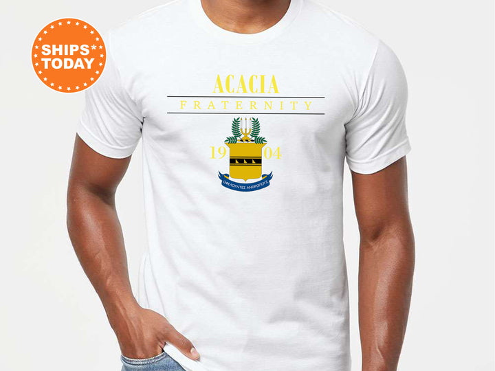 a man wearing a white t - shirt with a logo on it