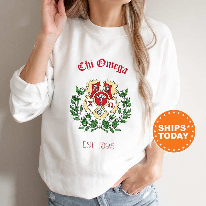 a woman wearing a white shirt with a crest on it