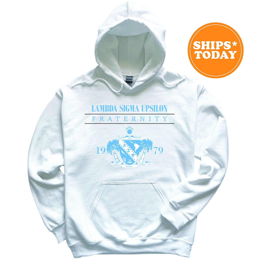 a white hoodie with a blue horse on it