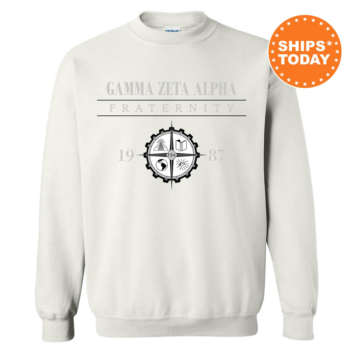 a white sweatshirt with a black and white logo