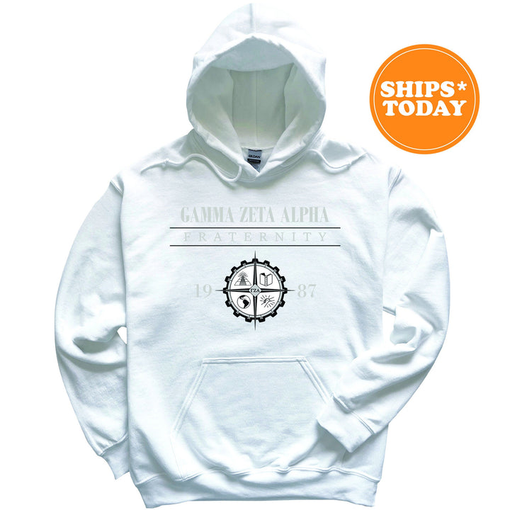a white hoodie with a black and white logo
