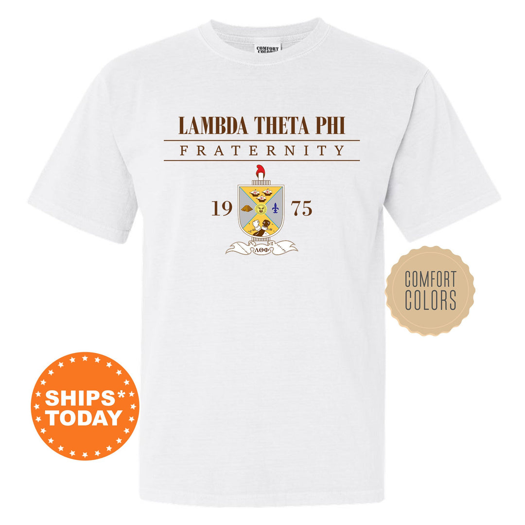 a white t - shirt with a picture of a coat of arms
