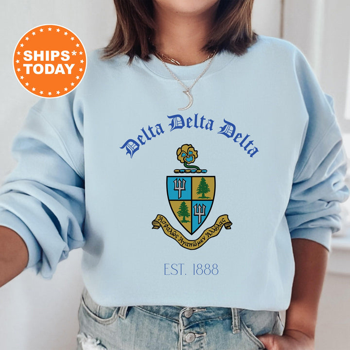 a woman wearing a blue delta delta sweatshirt