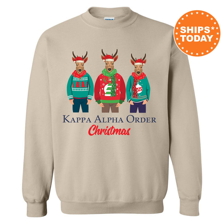 a christmas sweater with three reindeers wearing ugly sweaters