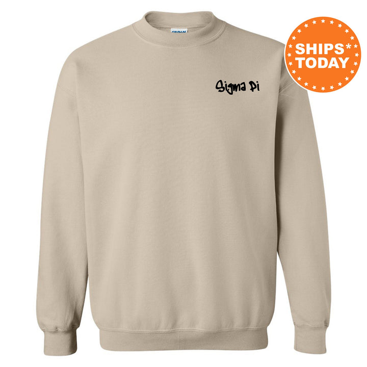 a beige sweatshirt with a black logo on it