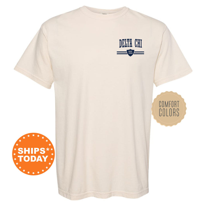 a white t - shirt with a blue and white logo