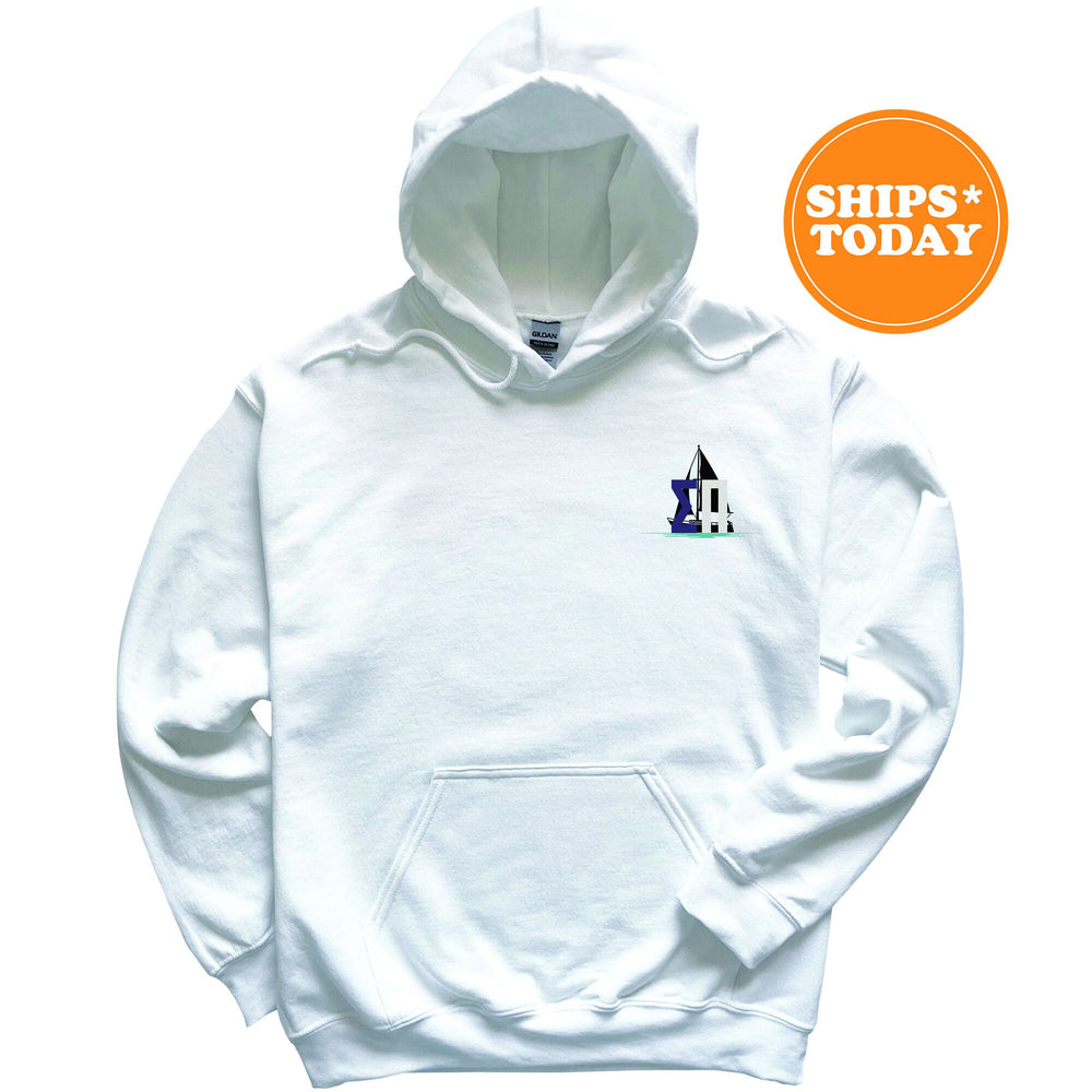 a white hoodie with a castle on it