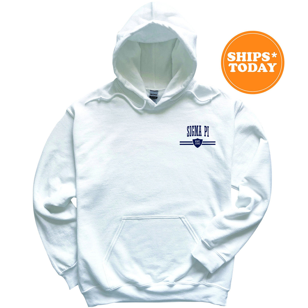 a white hoodie with a blue stripe on the chest