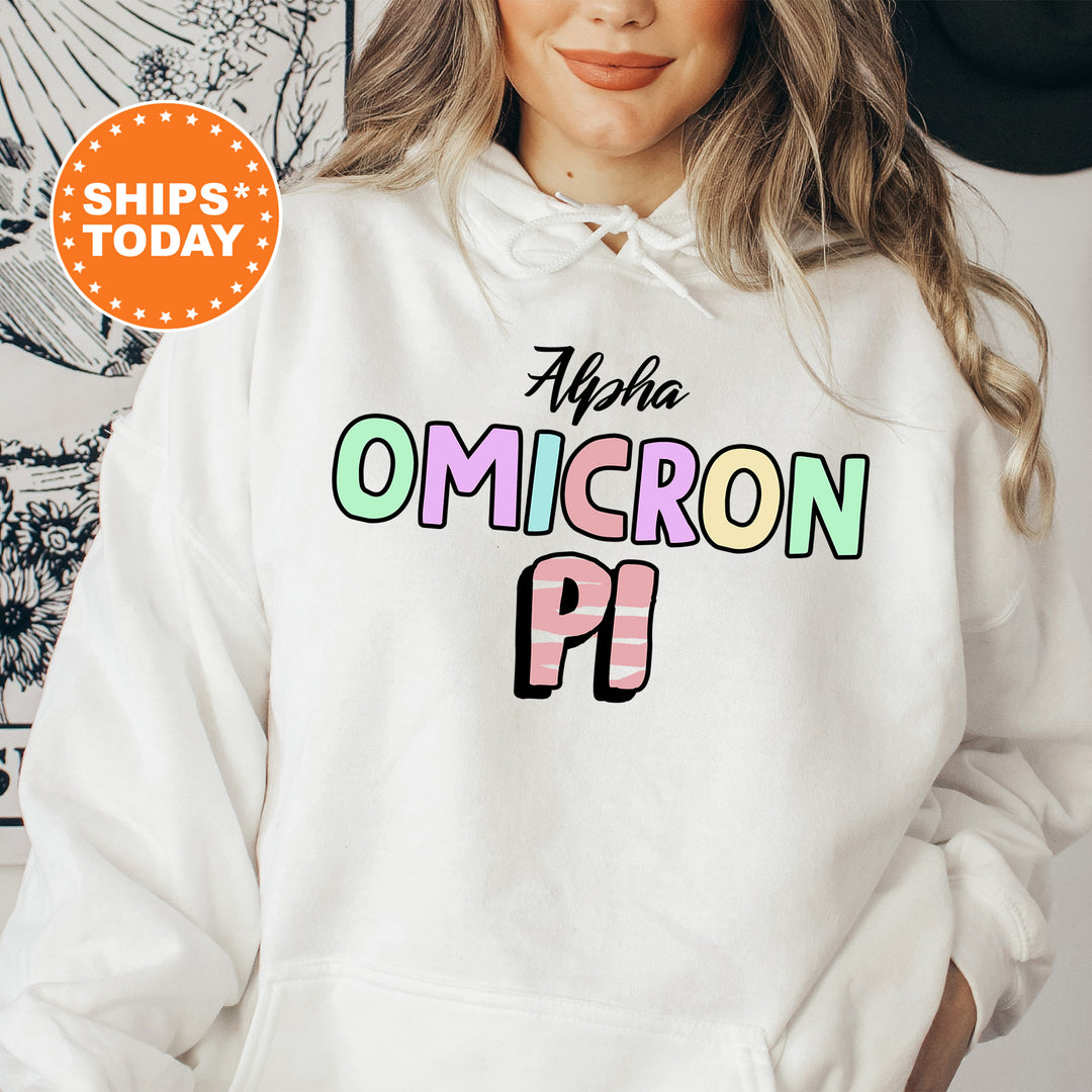 a woman wearing a white hoodie with the words omigoron pi on it