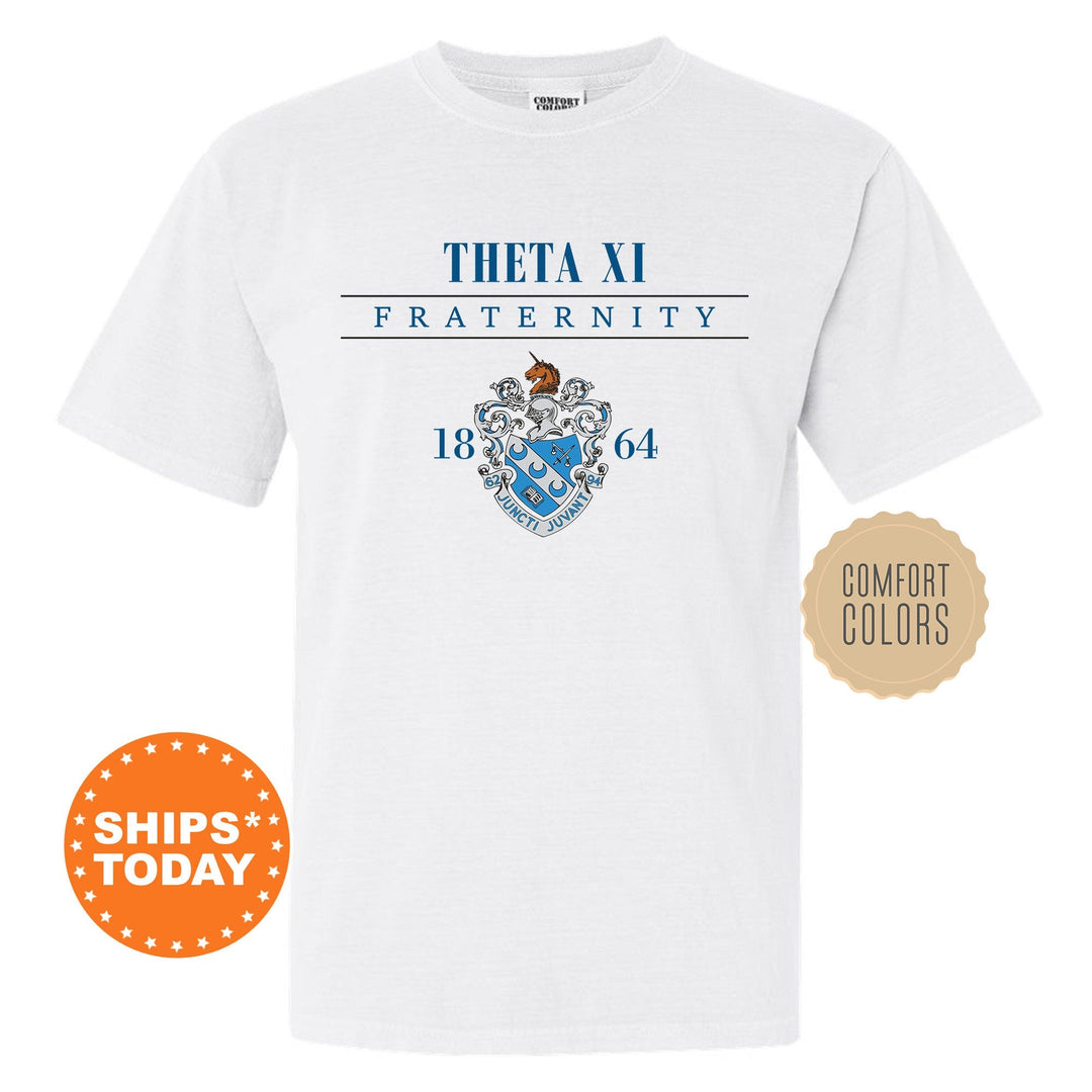 a white t - shirt with a blue and white crest on it