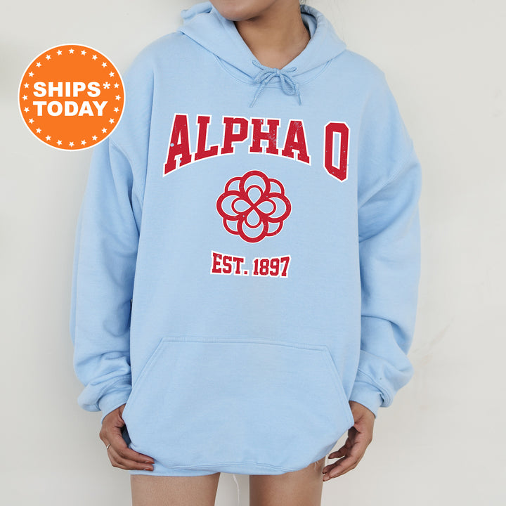 a person wearing a blue hoodie with a red and white logo