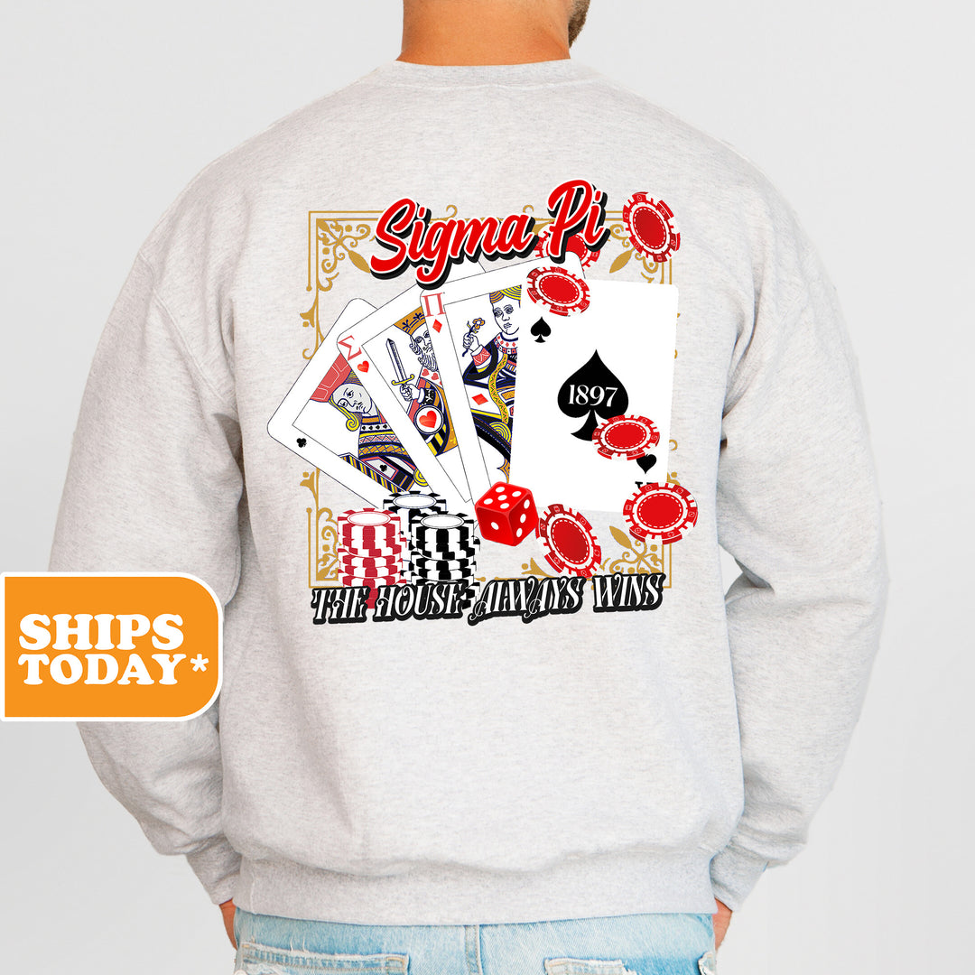 a man wearing a sweatshirt with a back print of playing cards