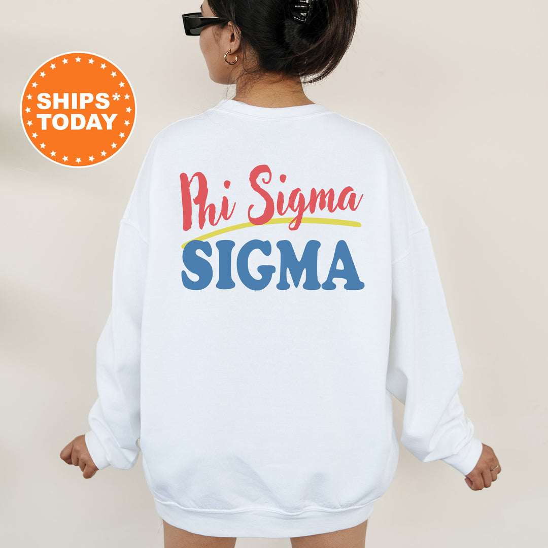 A person wearing a white sweatshirt with the text "Phi Sigma Sigma" printed on the back.