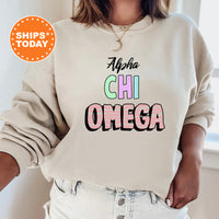 a woman wearing a sweatshirt with the words aloha chi omega printed on it