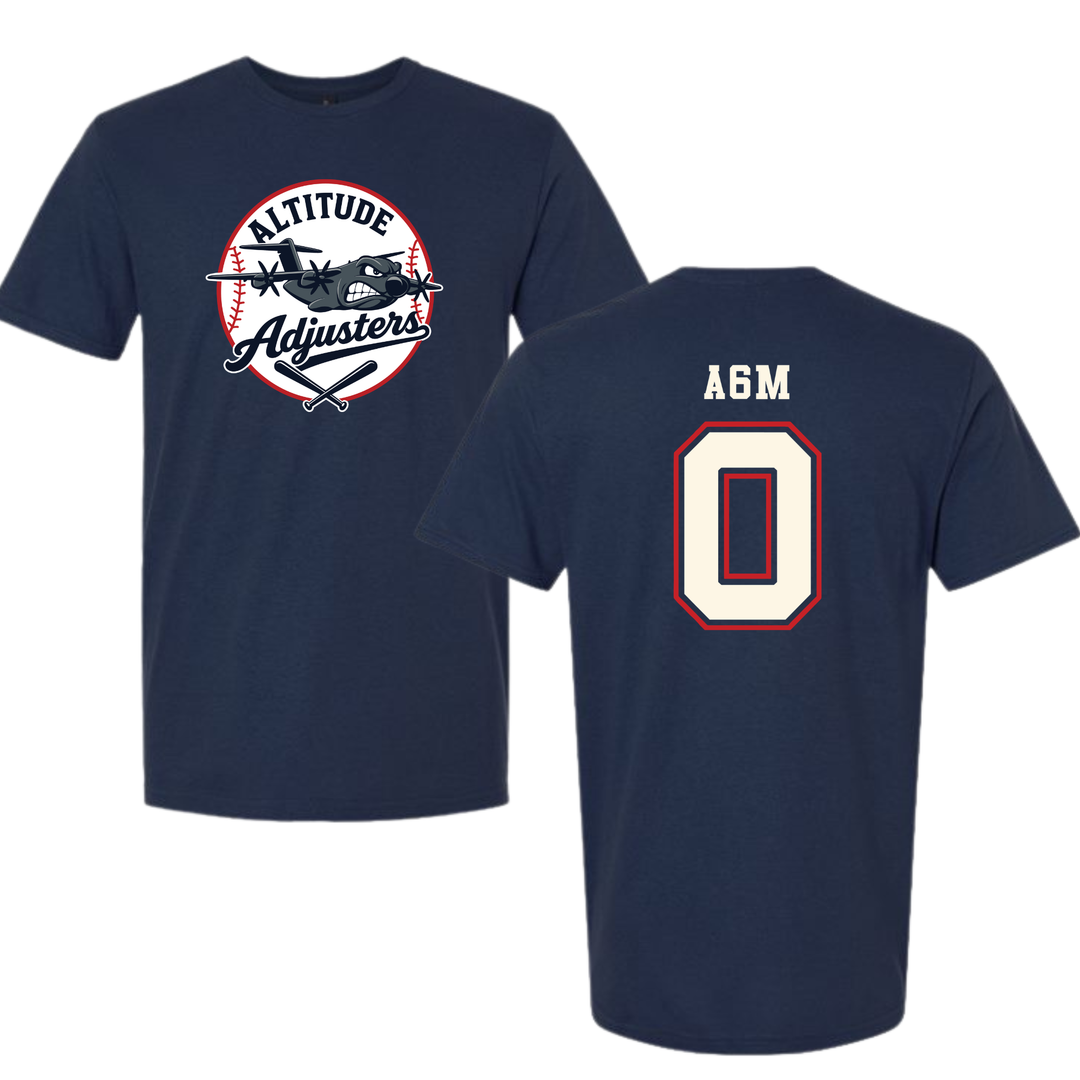 A navy blue t-shirt with a baseball-themed design and the number 0 on the back.