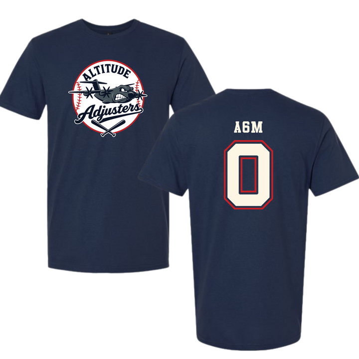 A navy blue t-shirt with a baseball-themed design and the number 0 on the back.