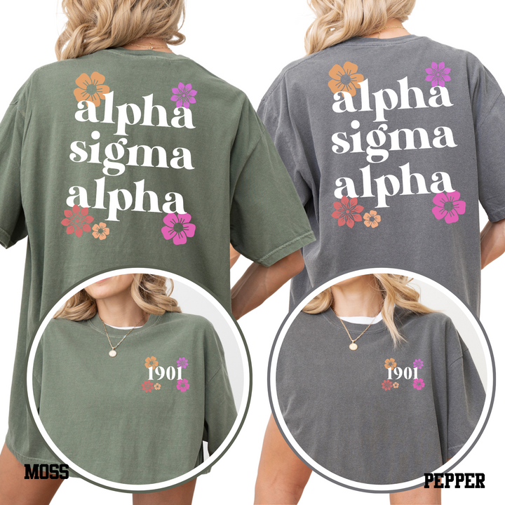 two t-shirts with floral designs and text on the back.
