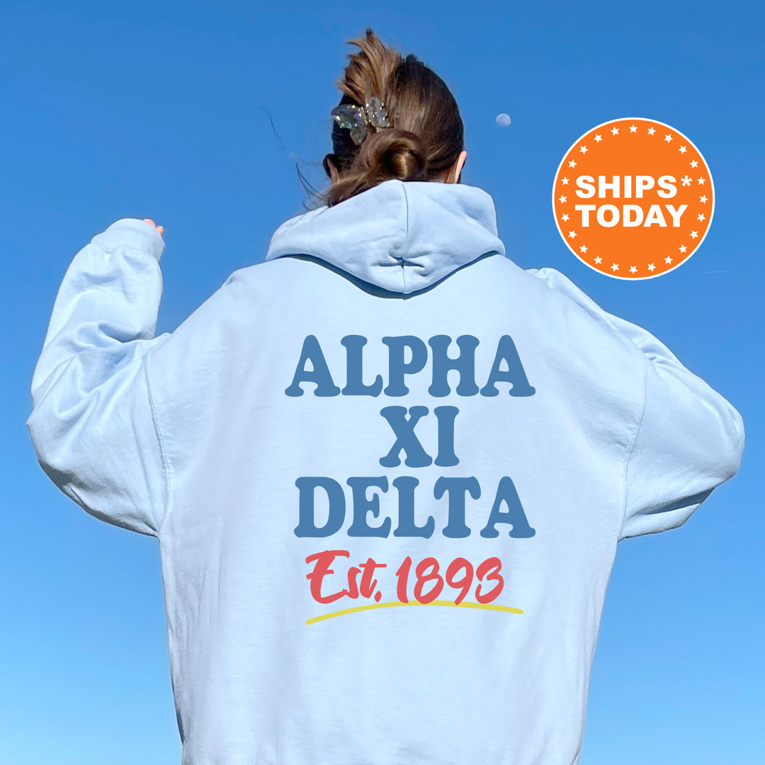 A person wearing a light blue hoodie with text and logos printed on it, standing against a clear blue sky.