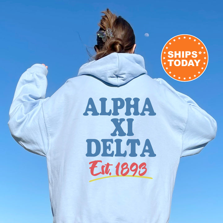 A person wearing a light blue hoodie with text and logos printed on it, standing against a clear blue sky.